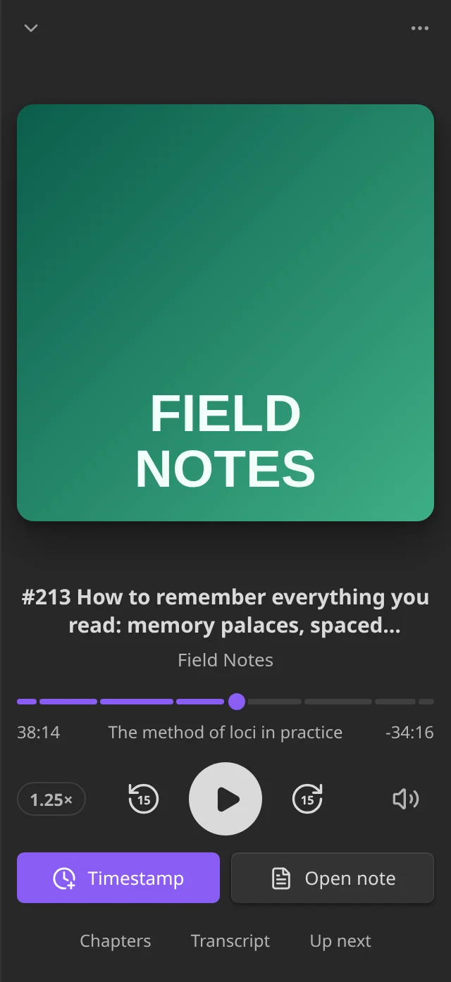 The full player in the sidebar: artwork, title, a progress bar split into chapters, playback controls, Timestamp and Open note, and the panel buttons